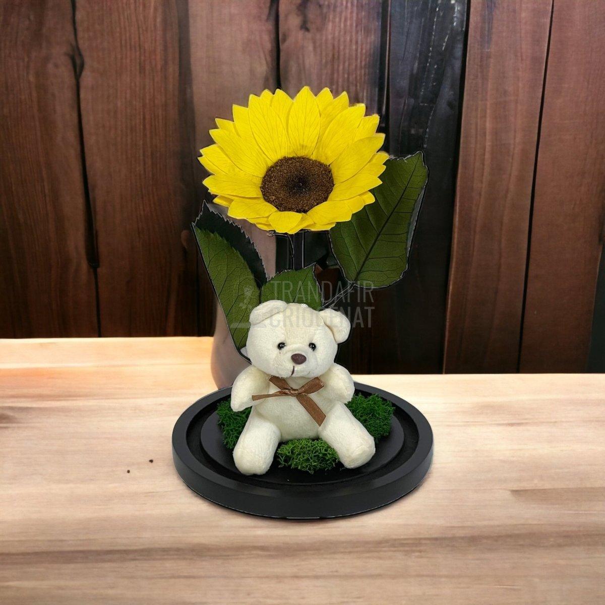 Floarea Soarelui Criogenata diametru 10-12cm in cupola cu Ursulet - Trandafir-Criogenat.ro