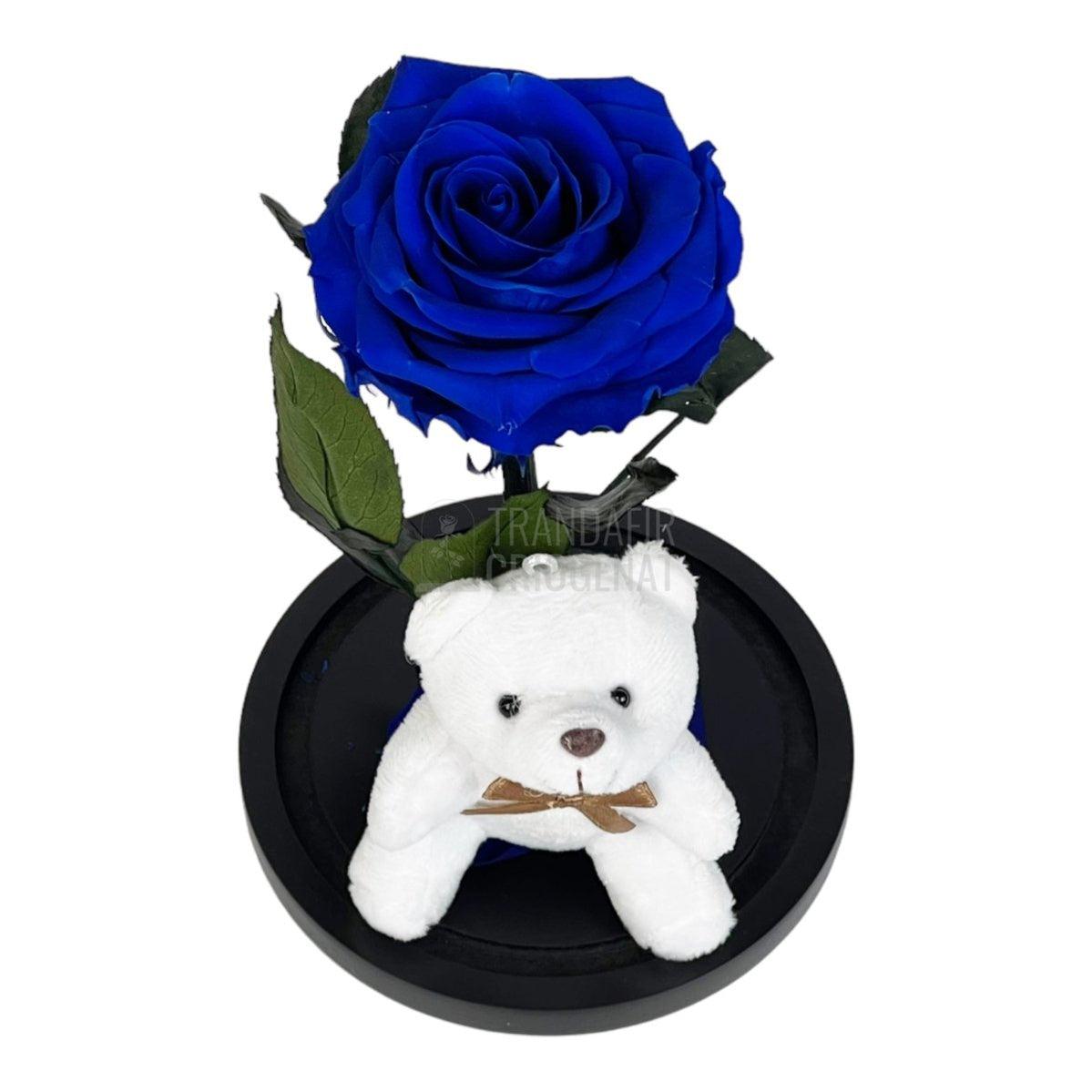 Trandafir Criogenat albastru Ø8cm in cupola sticla cu Ursulet - Trandafir-Criogenat.ro