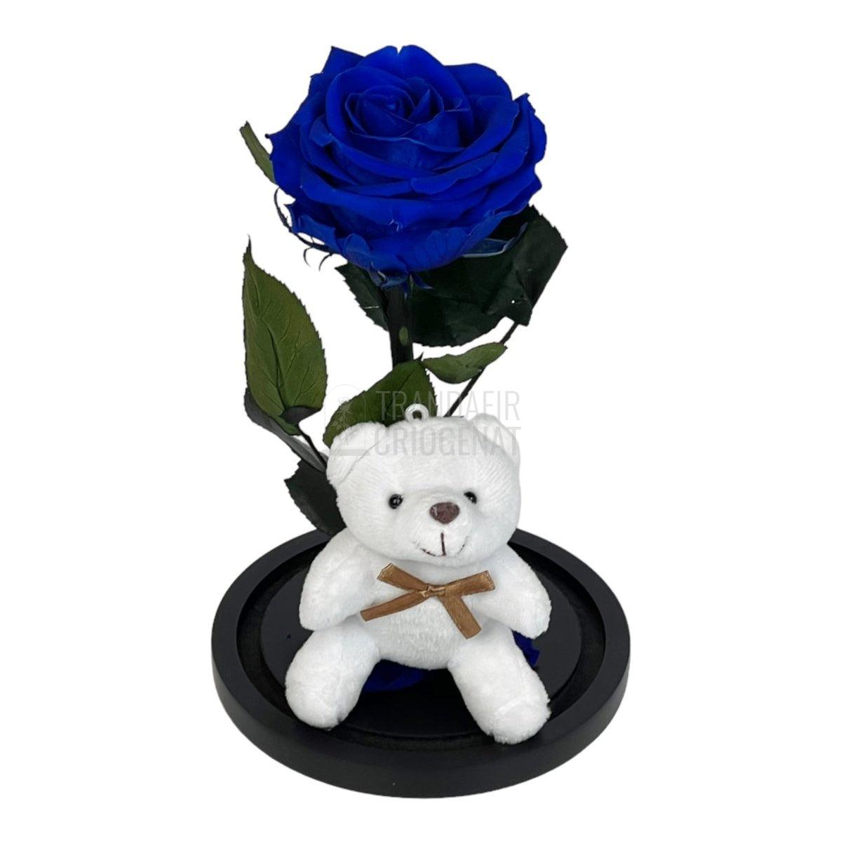 Trandafir Criogenat albastru Ø8cm in cupola sticla cu Ursulet - Trandafir-Criogenat.ro