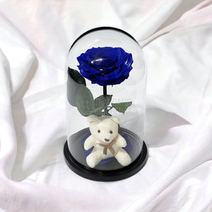 Trandafir Criogenat Bonita albastru in cupola sticla cu Ursulet - Trandafir-Criogenat.ro