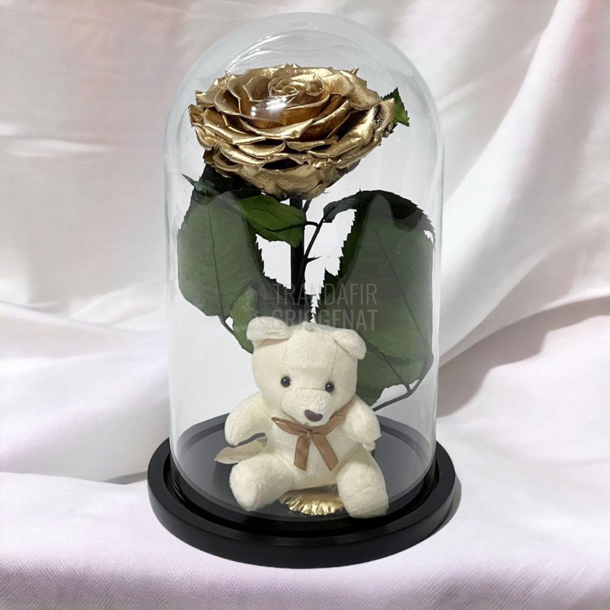 Trandafir Criogenat Bonita auriu in cupola sticla cu Ursulet - Trandafir-Criogenat.ro