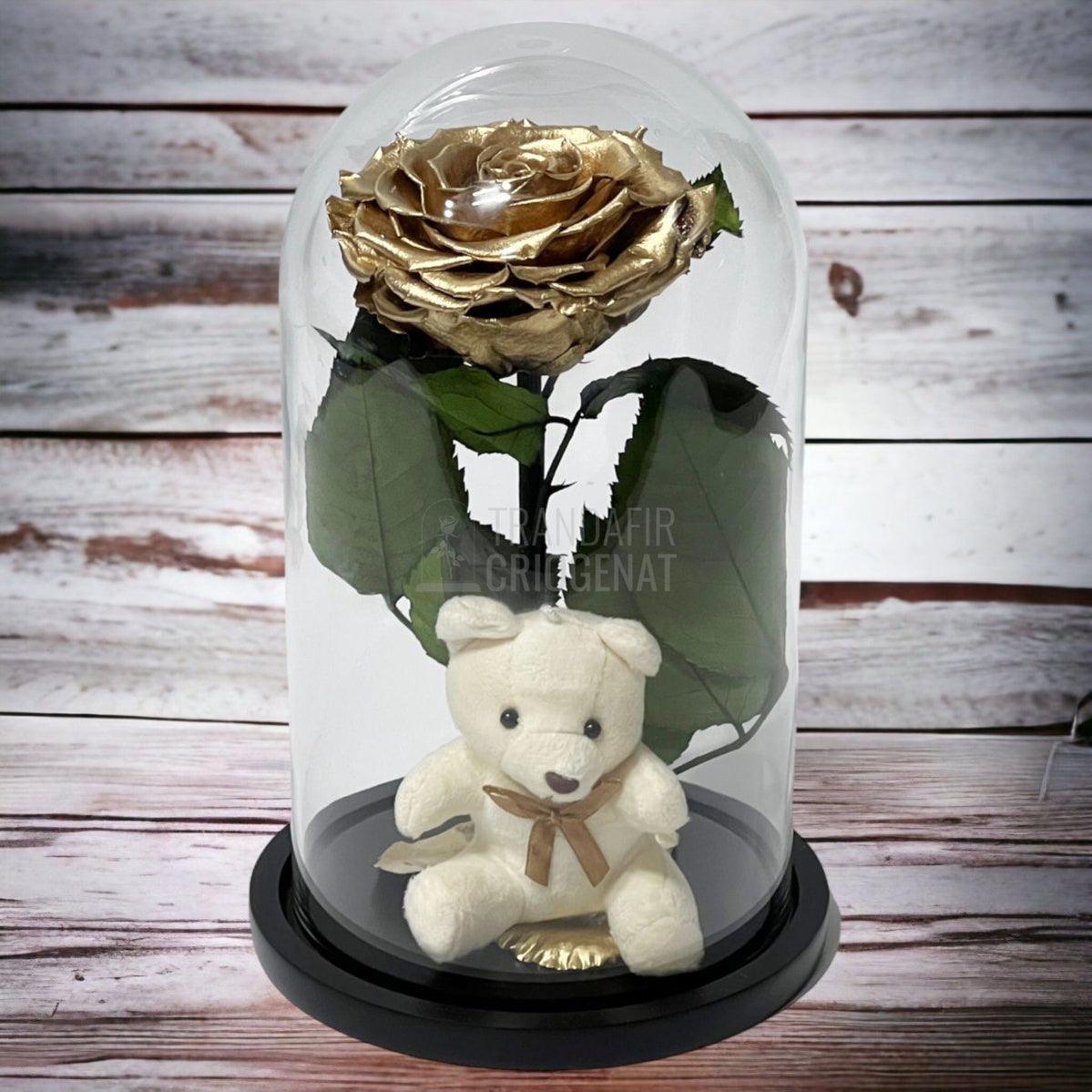 Trandafir Criogenat Bonita auriu in cupola sticla cu Ursulet - Trandafir-Criogenat.ro