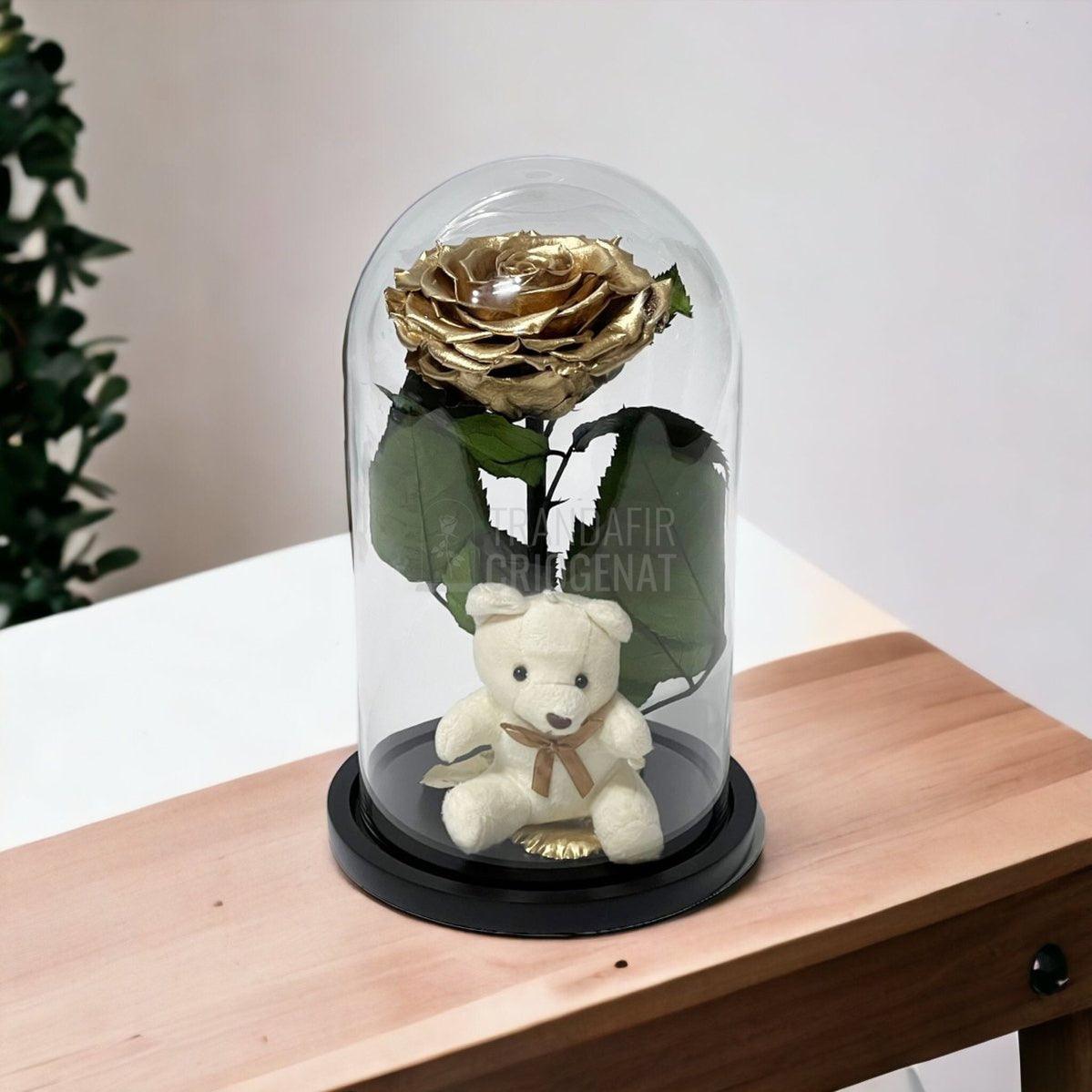 Trandafir Criogenat Bonita auriu in cupola sticla cu Ursulet - Trandafir-Criogenat.ro