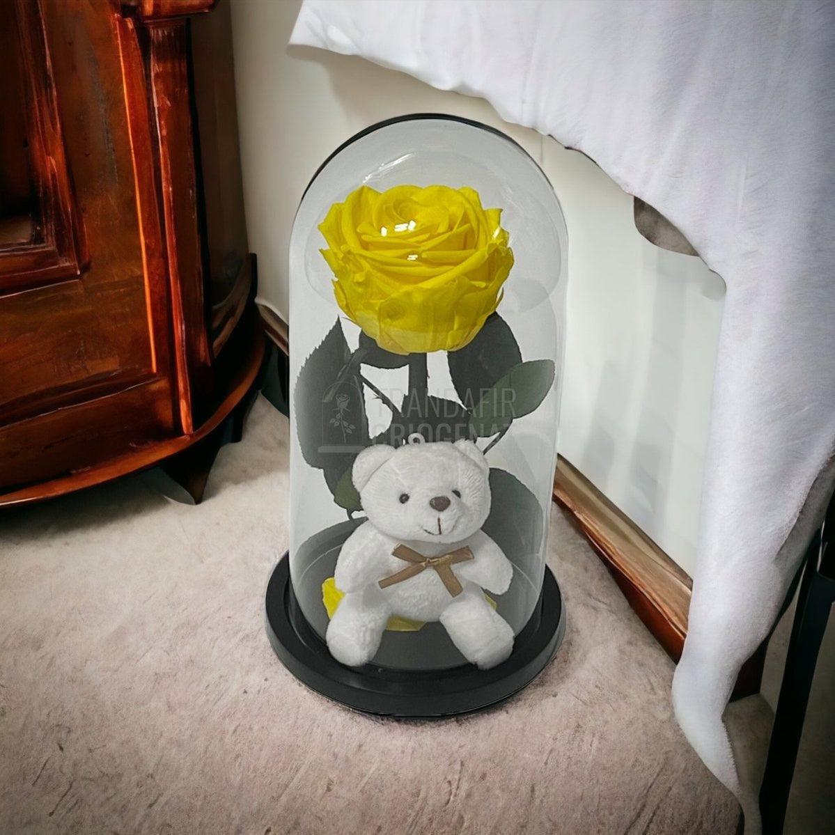 Trandafir Criogenat galben Ø8cm in cupola sticla cu Ursulet - Trandafir-Criogenat.ro