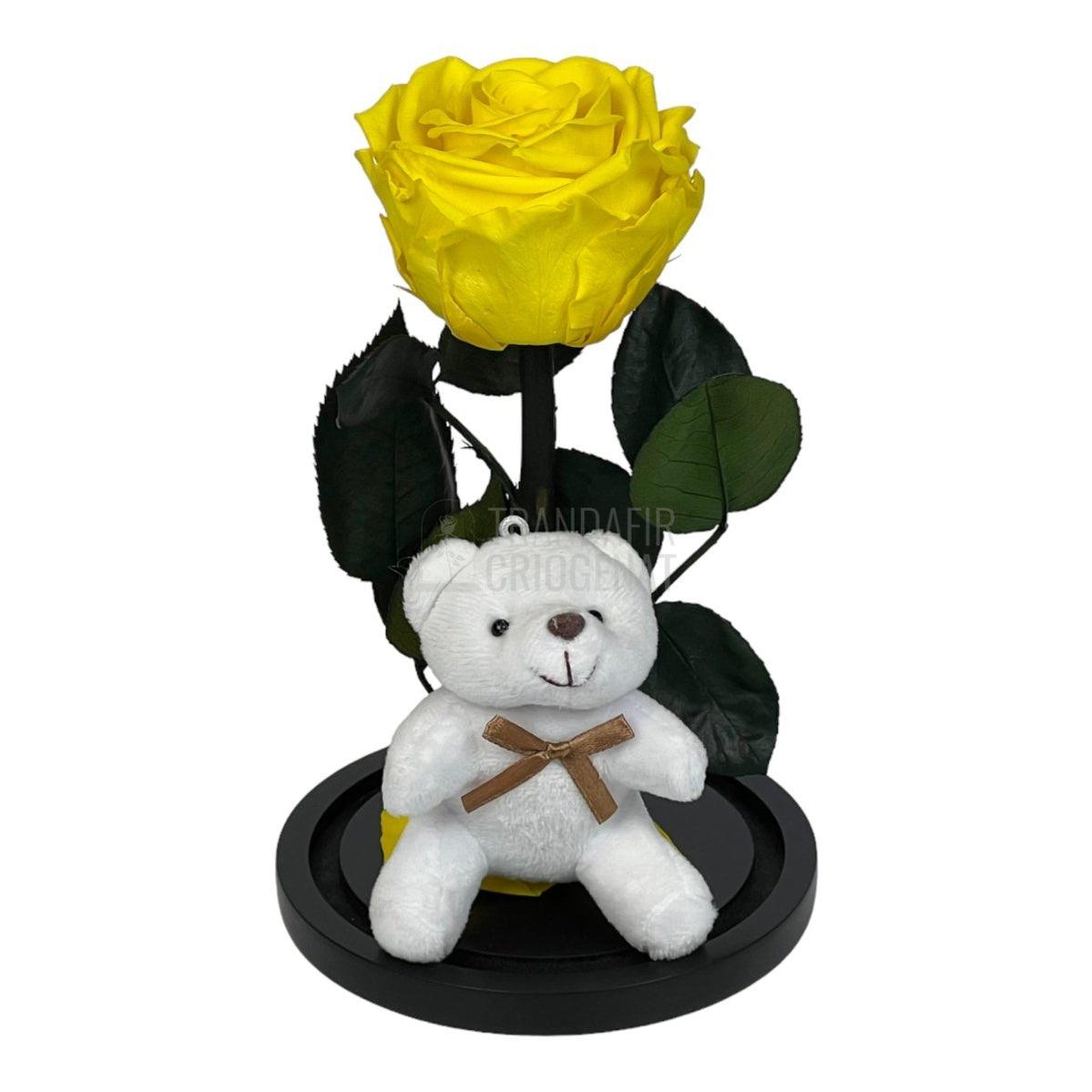 Trandafir Criogenat galben Ø8cm in cupola sticla cu Ursulet - Trandafir-Criogenat.ro