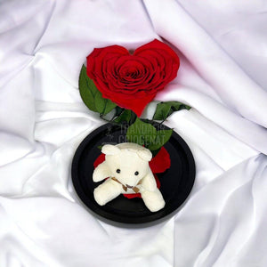 Trandafir Criogenat inima rosie in cupola sticla cu Ursulet - Trandafir-Criogenat.ro