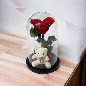 Trandafir Criogenat inima rosie in cupola sticla cu Ursulet - Trandafir-Criogenat.ro