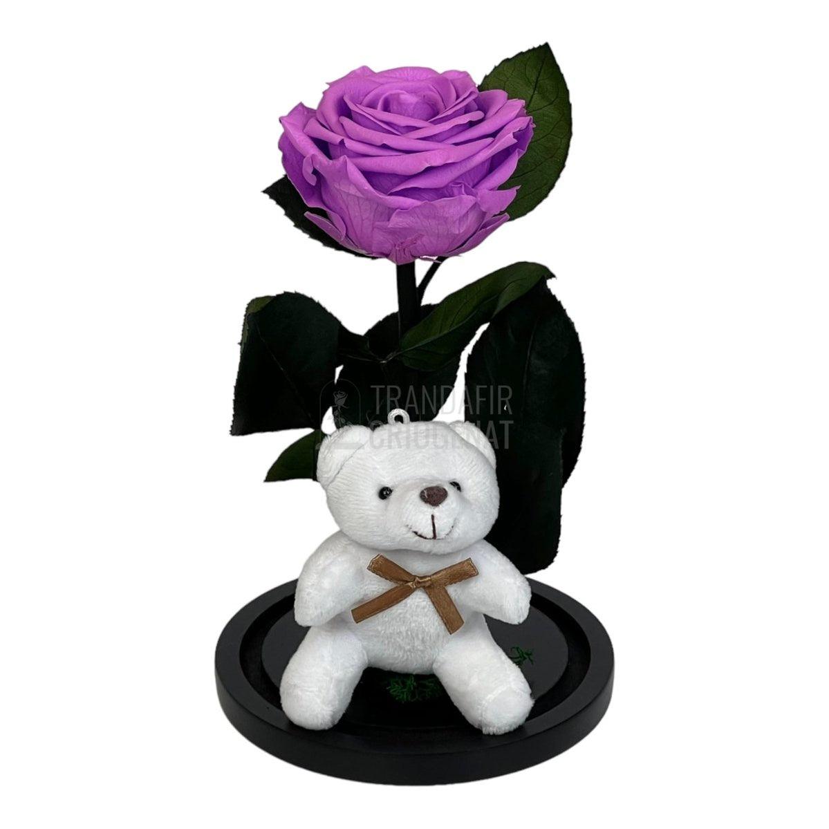 Trandafir Criogenat lila intens Ø8cm in cupola sticla cu Ursulet - Trandafir-Criogenat.ro