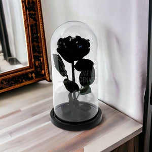 Trandafir Criogenat negru Ø8cm in cupola de sticla, cu mesaj - Trandafir-Criogenat.ro