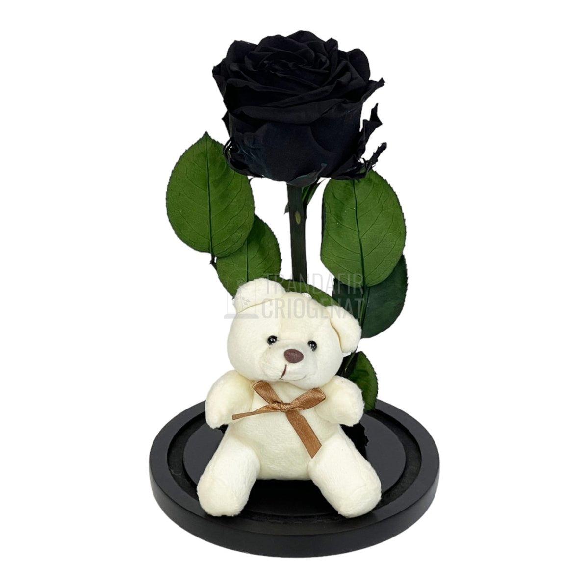 Trandafir Criogenat negru Ø8cm in cupola de sticla cu Ursulet - Trandafir-Criogenat.ro