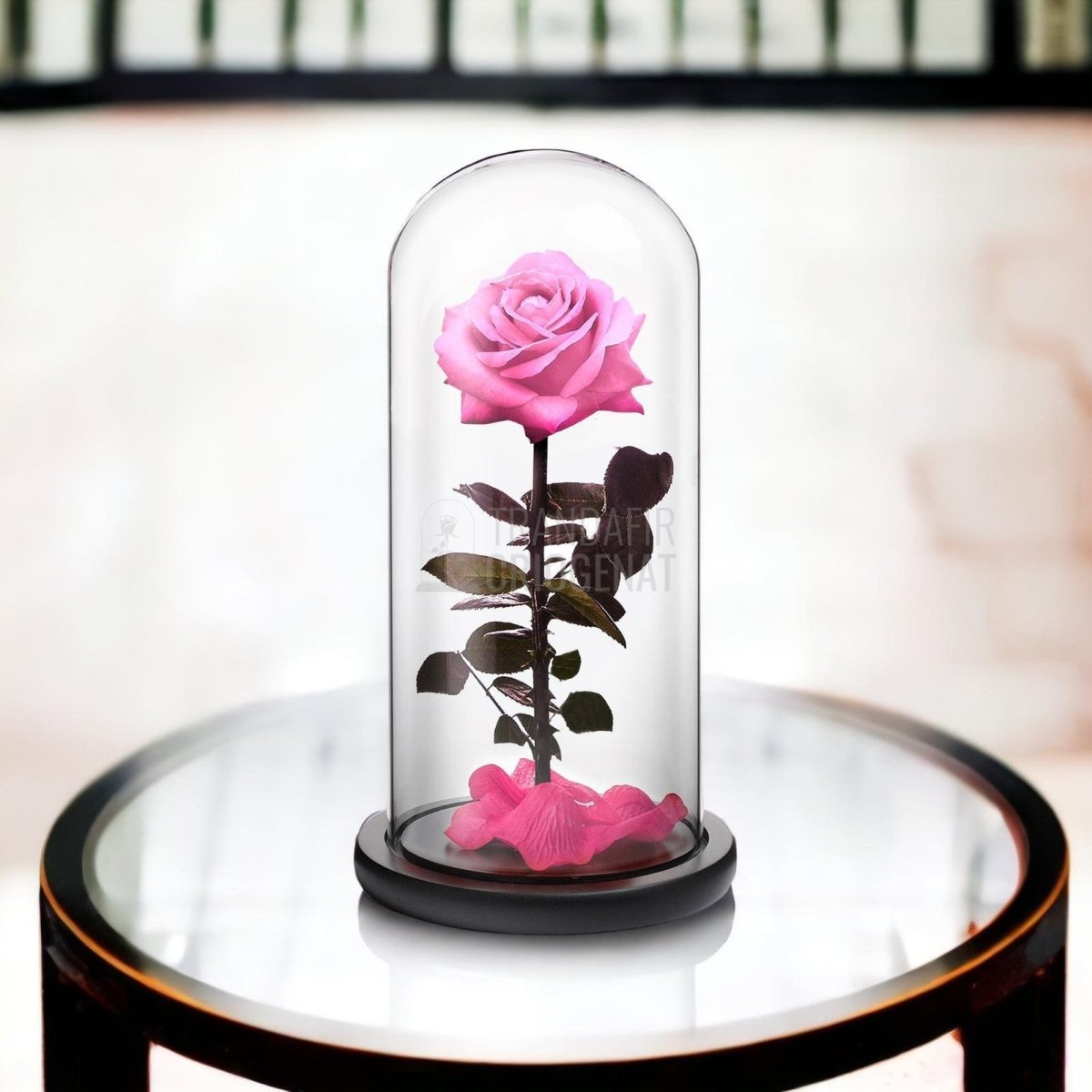 Trandafir Criogenat premium roz Ø8cm in cupola sticla 12x25cm - Trandafir-Criogenat.ro