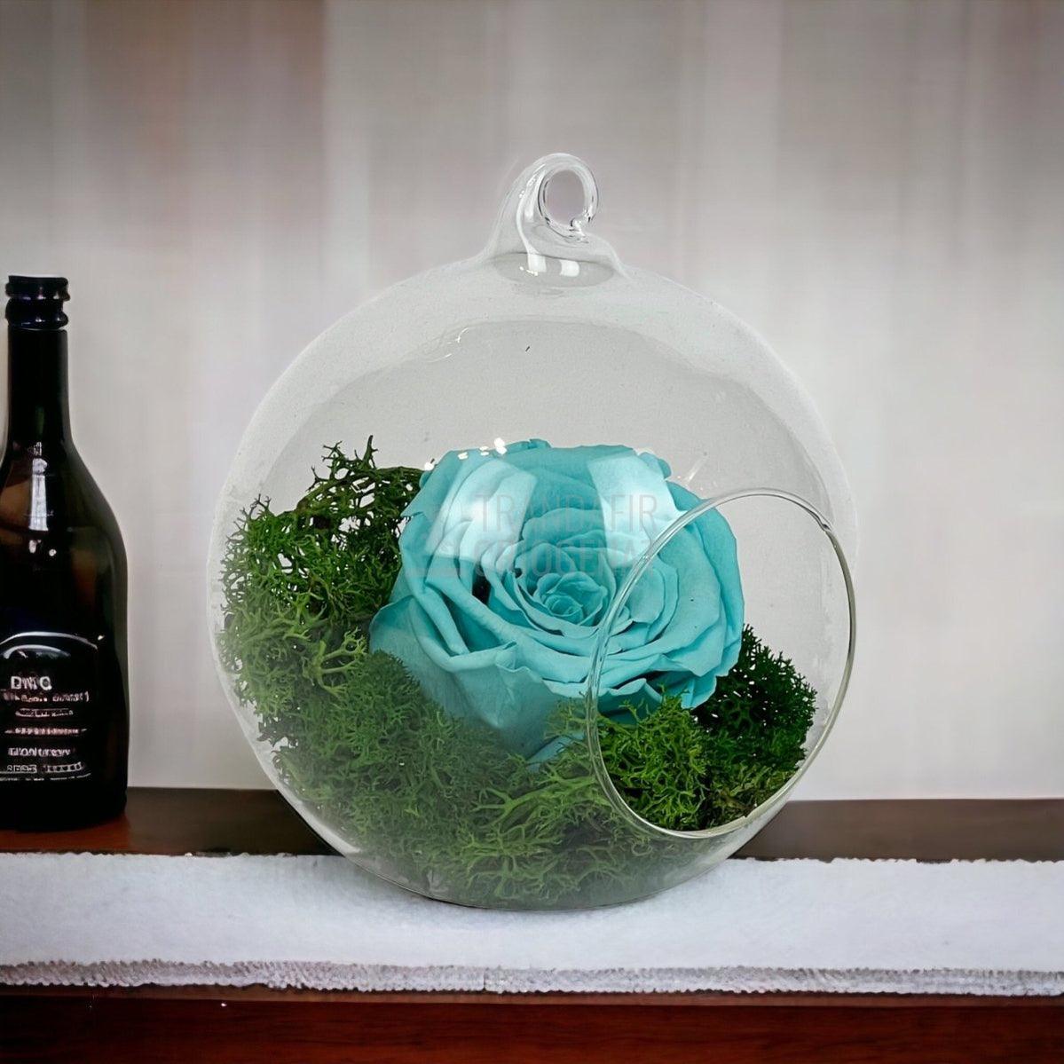 Trandafir Criogenat turquoise in glob de sticla Ø12cm - Trandafir-Criogenat.ro