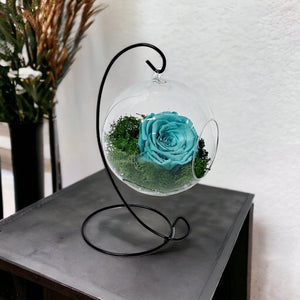 Trandafir Criogenat turquoise in glob de sticla suspendat Ø12cm - Trandafir-Criogenat.ro